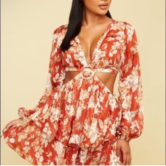 Resort Red Cut-Out Ruffle Floral Midi Romper - Picture 1 of 8
